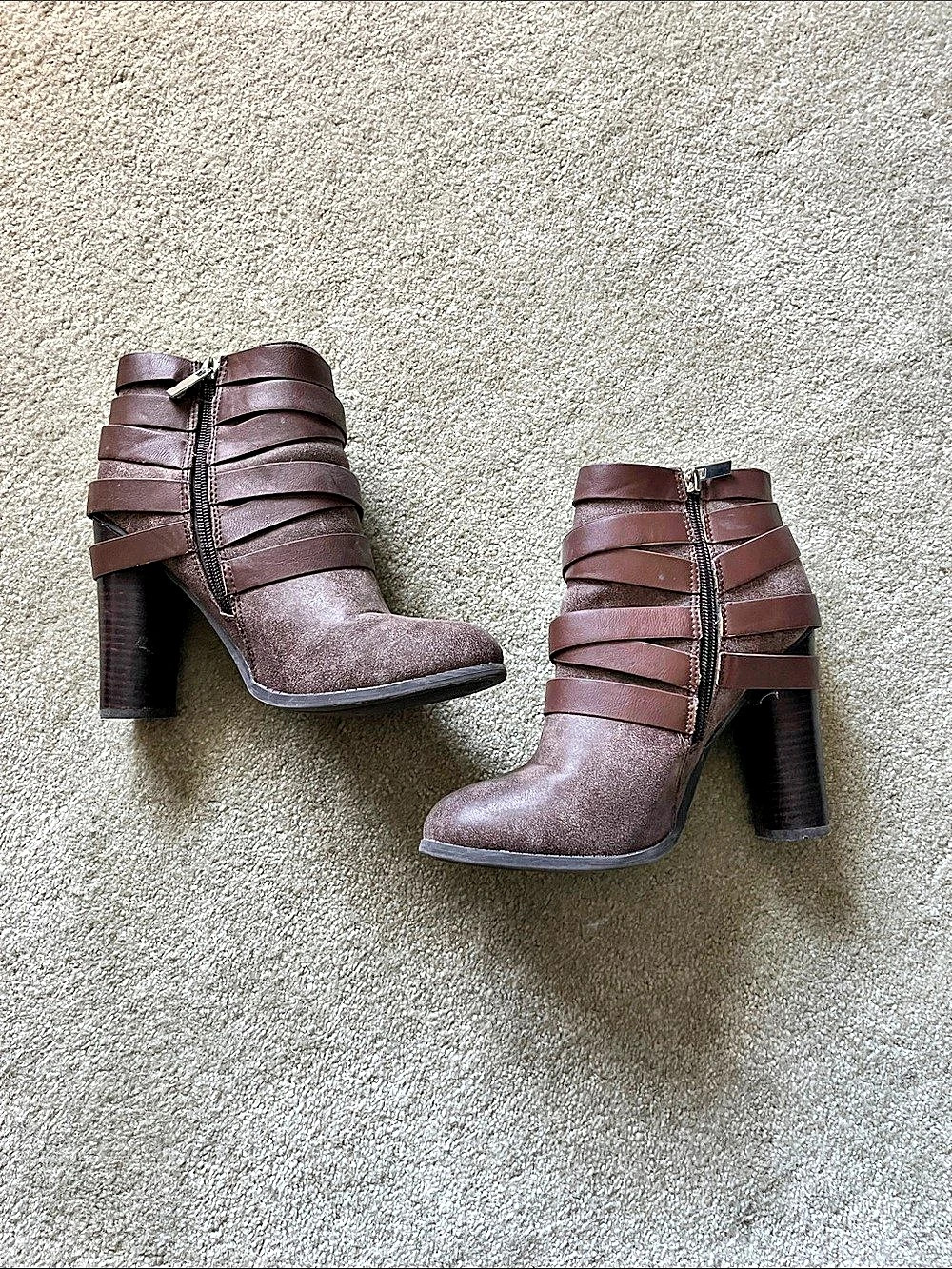 Dollhouse Strappy Studded Heeled Ankle Boots in Brown US 9